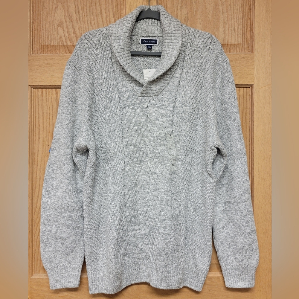 NWT Club Room Shawl Neck Sweater Gray Mens Size L Large Chunky Knit Cozy Cotton
